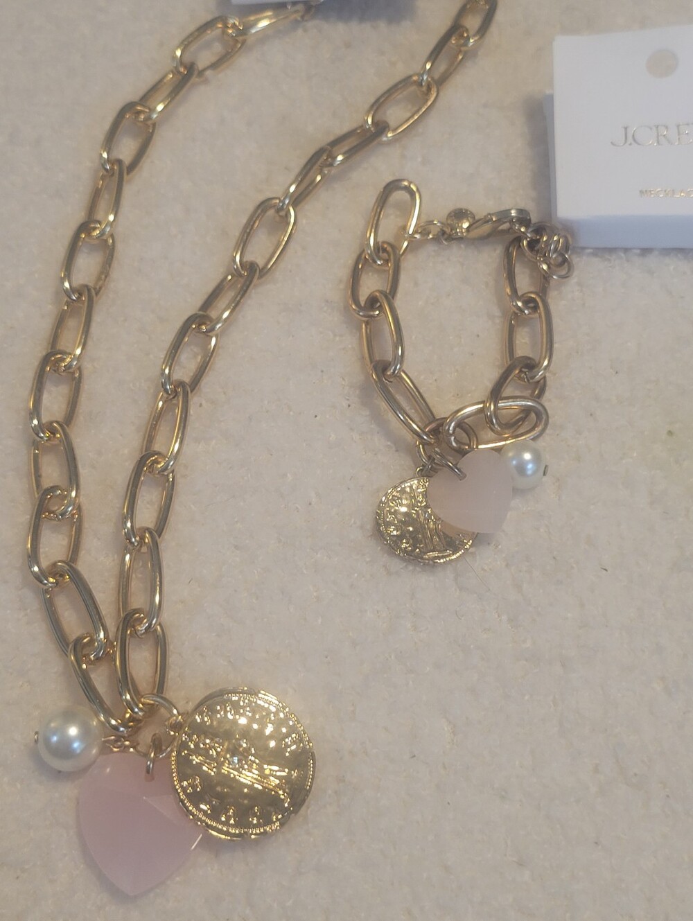 J. Crew Gold Necklace and Bracelet Set with Pink Heart and Pearl Charms